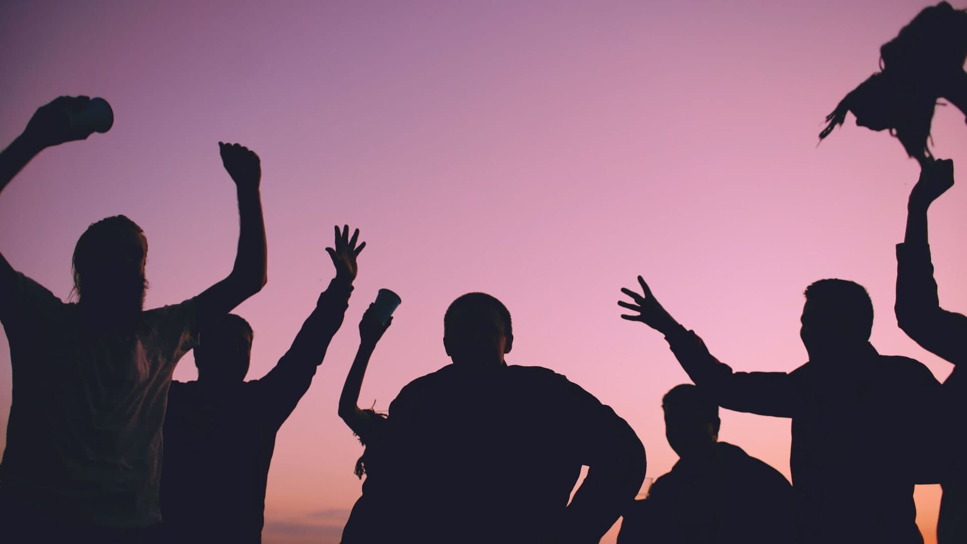 A group of friends out together in bold silhouette, hands and drinks raised, against a glowing pink-and-orange dusk sky
