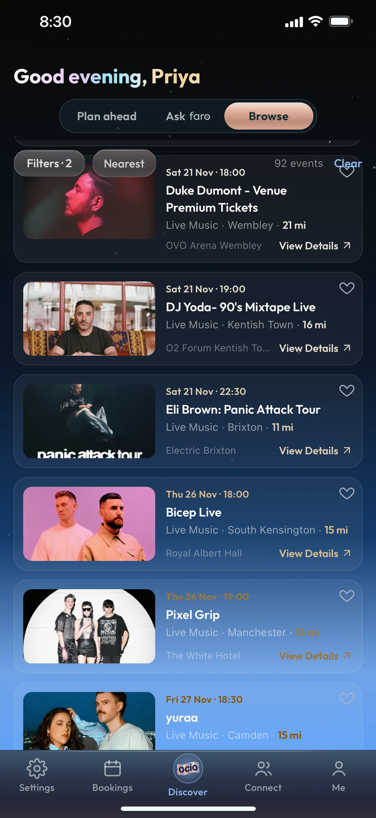 The Ocio app's Browse screen: a 'Good evening' greeting, filters, and a scrolling list of London events with their dates, venues and distances