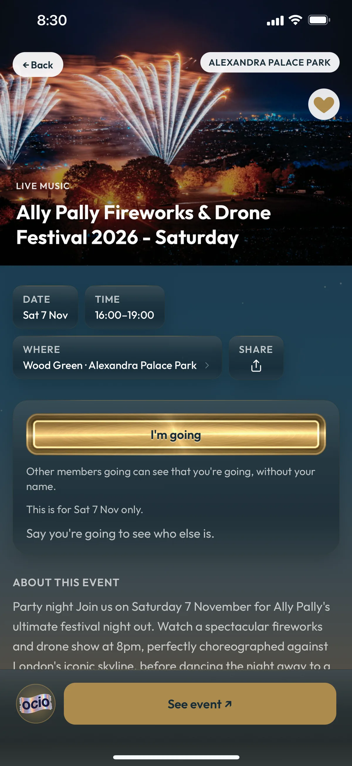 The Ocio app's event page for a fireworks night at Alexandra Palace: its date, time and place, an 'I'm going' button, and a description of the night