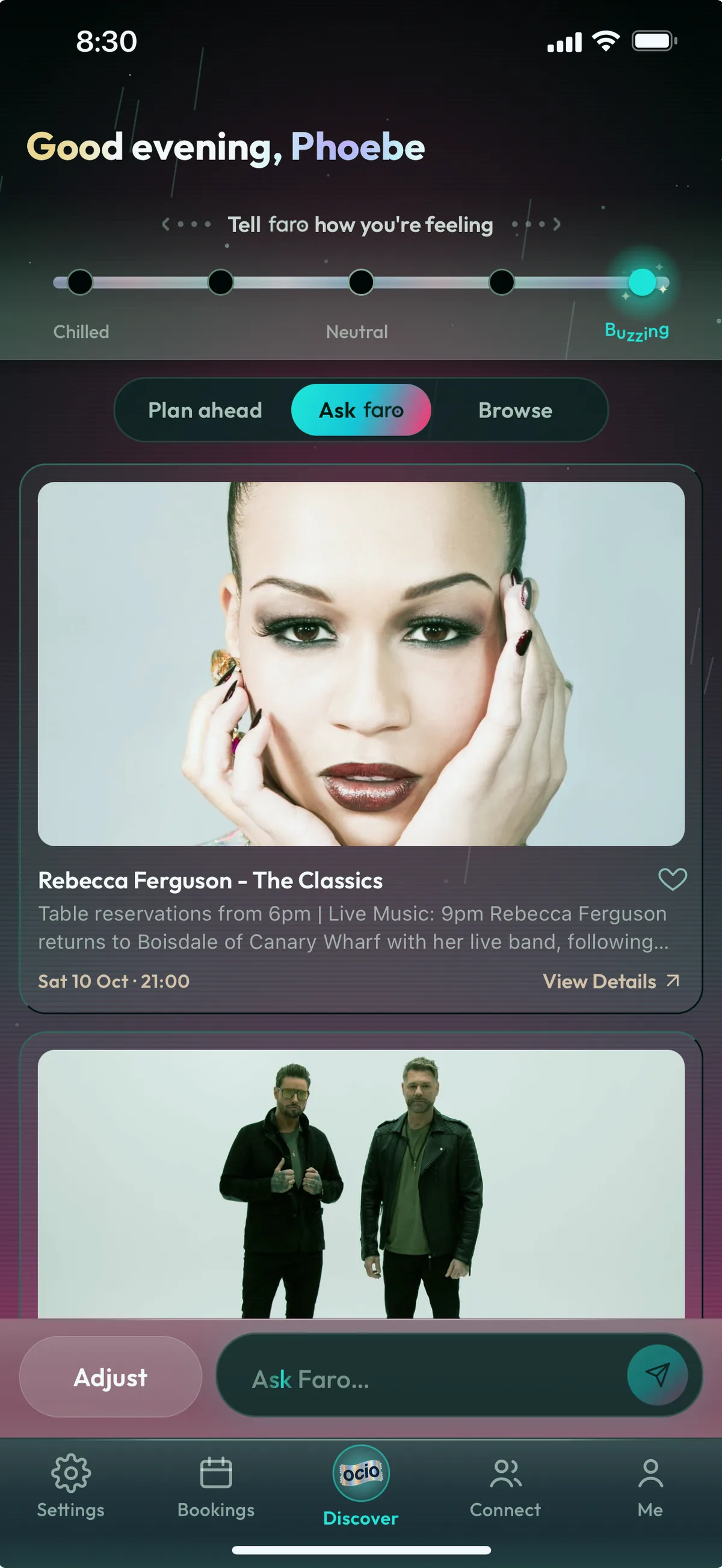 The Ocio app's Ask Faro screen with the mood dial turned up to Buzzing: a 'Good evening' greeting, 'Tell Faro how you're feeling' above a dial running from Chilled to Buzzing, and Faro's picks for the night as photo cards of London gigs